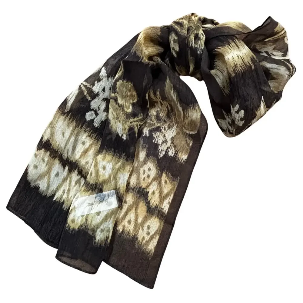 Vintage Y2K Jacqueline Ferrar sheer silk scarf cream & brown tribal rectangle